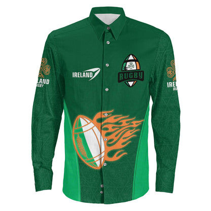 Long Sleeve Button Shirt Custom Ireland Rugby Shamrock