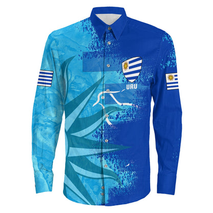 Long Sleeve Button Shirt Custom Uruguay Rugby Flag And Symbol