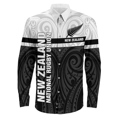 Long Sleeve Button Shirt New Zealand Rugby Maori Horizontal Style