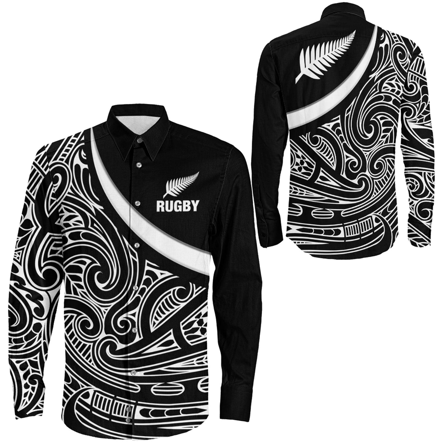 Long Sleeve Button Shirt New Zealand Silver Fern And Maori Patterns