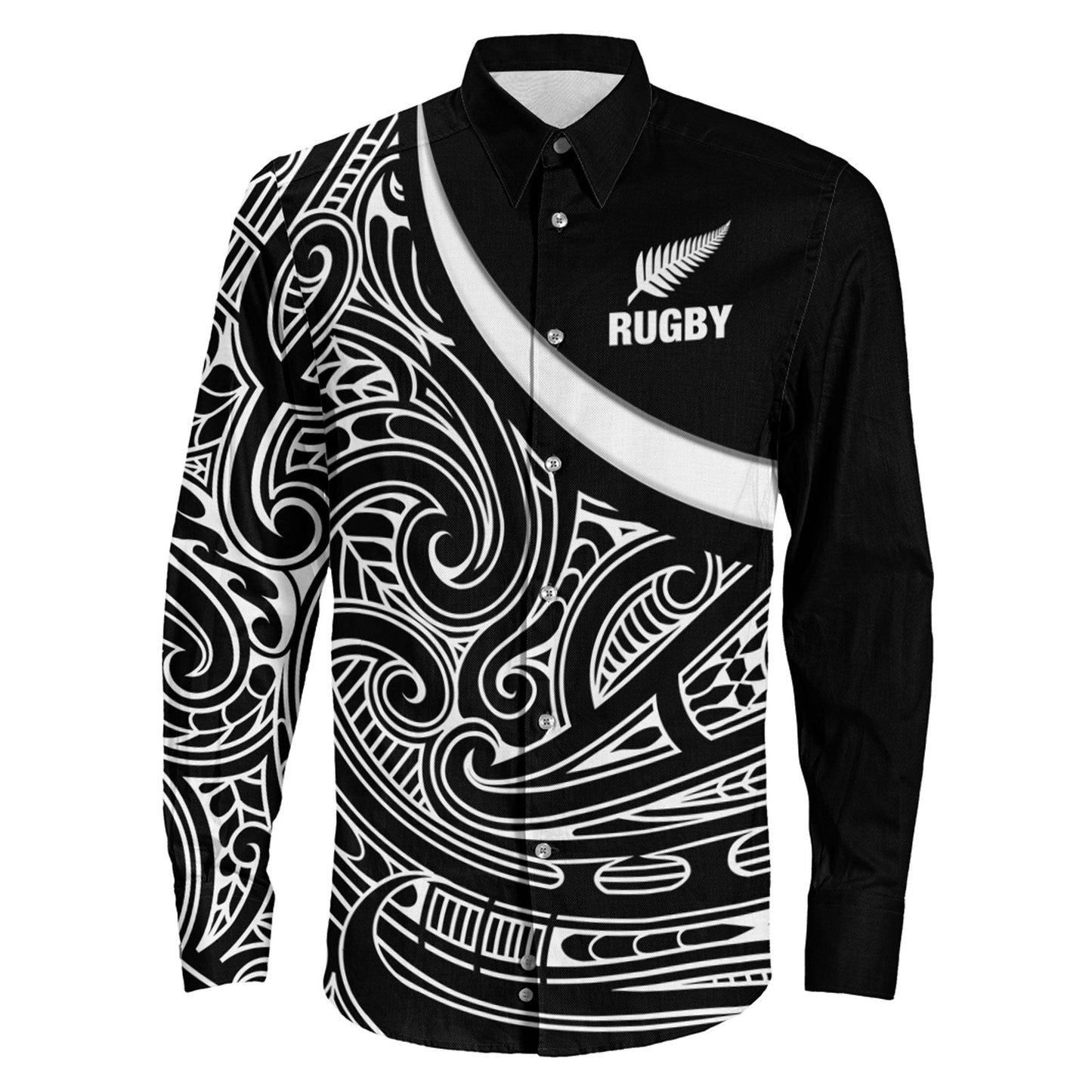 Long Sleeve Button Shirt New Zealand Silver Fern And Maori Patterns