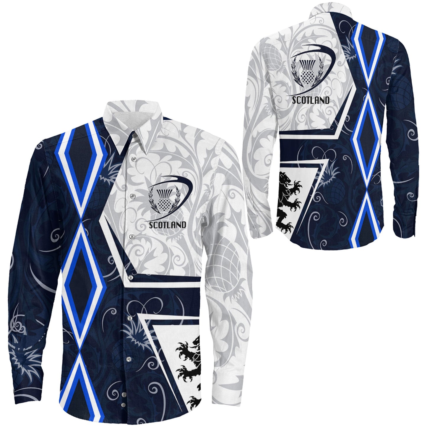 Long Sleeve Button Shirt Scotland Rugby Thistle Of Scottish Navy Legend Stye