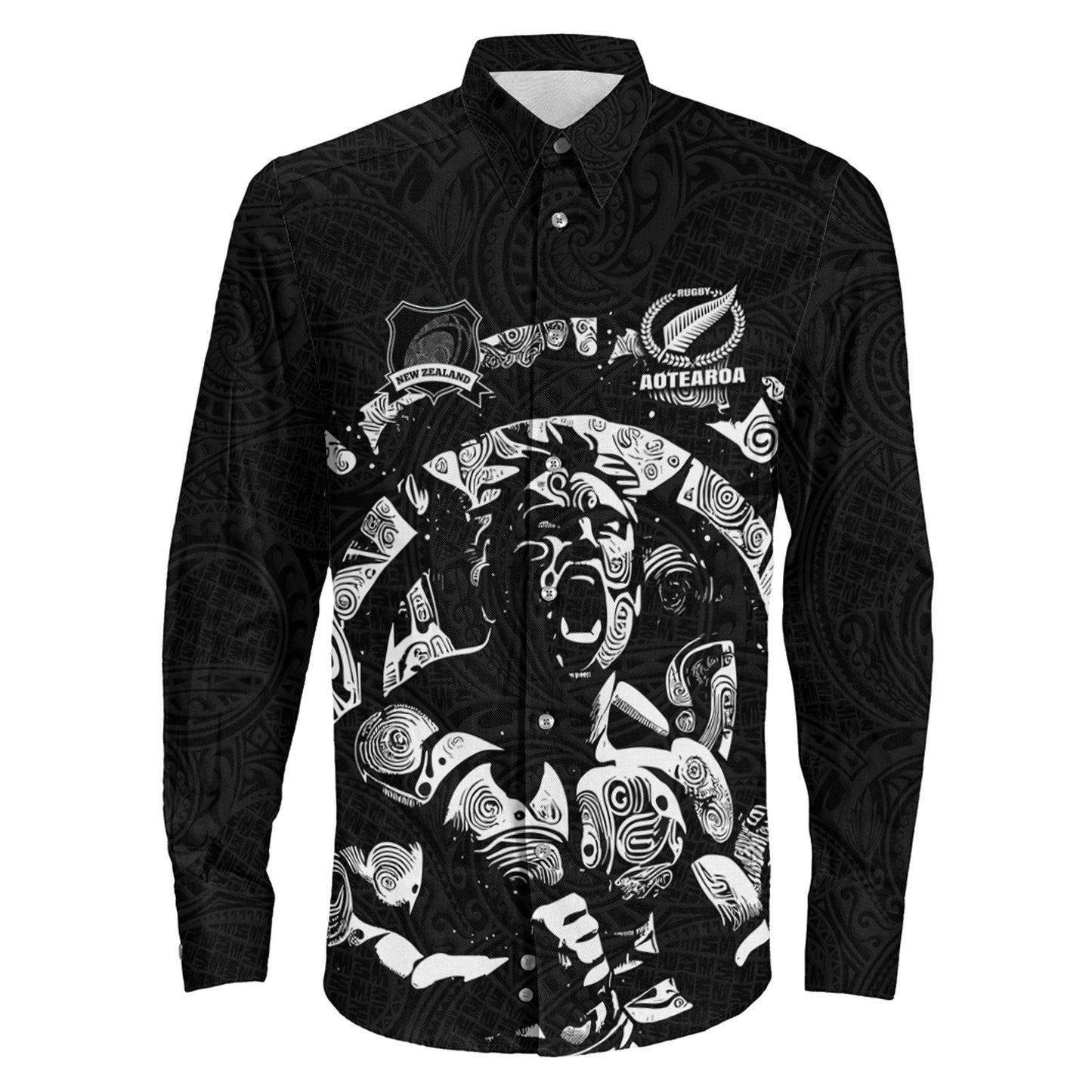Long Sleeve Button Shirt Custom New Zealand Rugby Aotearoa Warrior Maori Style