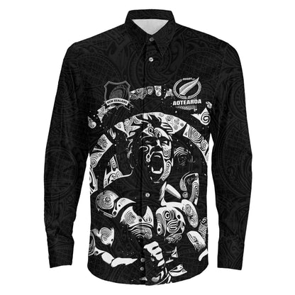 Long Sleeve Button Shirt Custom New Zealand Rugby Aotearoa Warrior Maori Style
