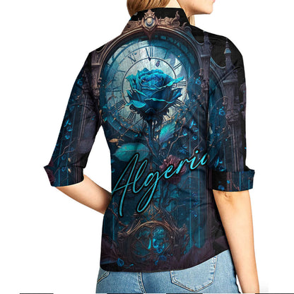 Algeria Women's Casual Shirt Harmony Blue Roses and Clock Personalized Custom