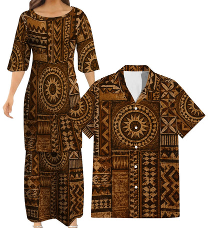 Polynesian Tribal Geometric Pattern Matching Outfit For Couple Vintage Puletasi Dress And Hawaiian Shirt For Her Him