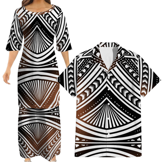 Polynesian Tribal Pattern Matching Outfit For Couple Island Puletasi Dress And Hawaiian Shirt For Her Him
