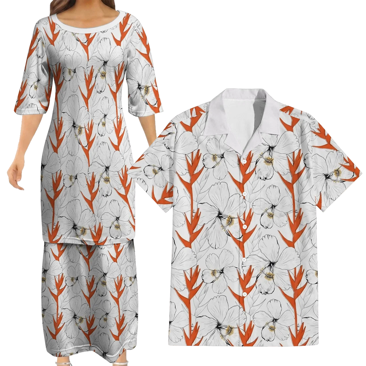 Puakenikeni Pikake Lei Curve Lei Flower Matching Outfit For Couple White Puletasi Dress And Shirt For Her Him