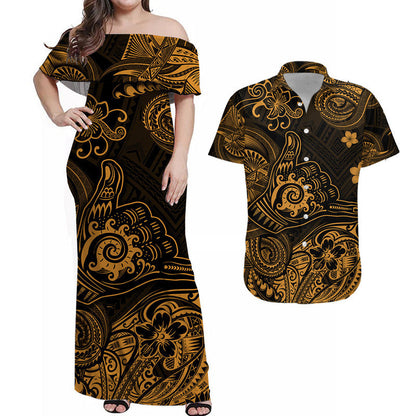 Hawaii Shaka Polynesian Combo Dress and Hawaiian Shirt Matching Couples Outfit Unique Style Gold