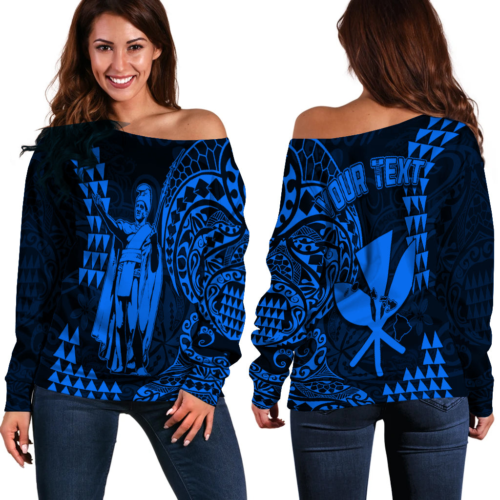 (Custom Personalised) Hawaii Day Kakau Off Shoulder Sweater Proud To Be Hawaiian Blue King Kamehameha and Kanaka Maoli