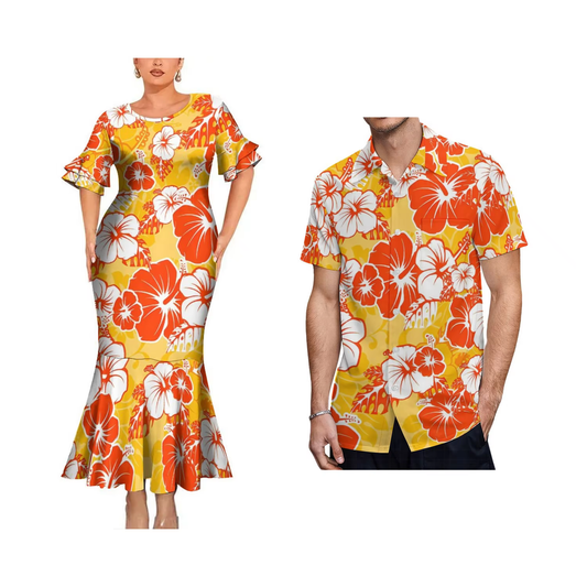 Polynesian Hibiscus Flowers Pattern Yellow Couple Matching Outfit Women Crew Neck Mermaid Dress and Shirt