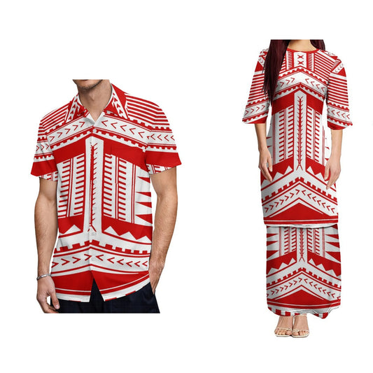 Polynesian Tribal Pattern Puletasi Dress And Hawaiian Shirt For Him Her Tropical Red White Matching Outfit For Couple