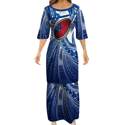 Samoa Rugby Matching Polynesian Tribal Pattern Blue Dress And Hawaiian Shirt For Him Her