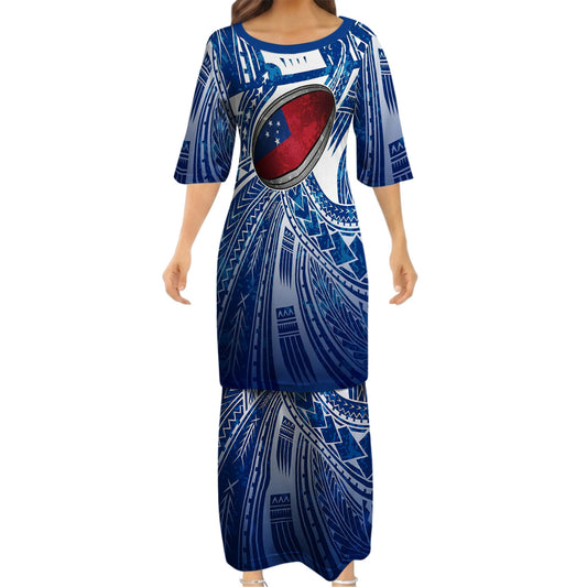 Samoa Rugby Matching Polynesian Tribal Pattern Blue Dress And Hawaiian Shirt For Him Her
