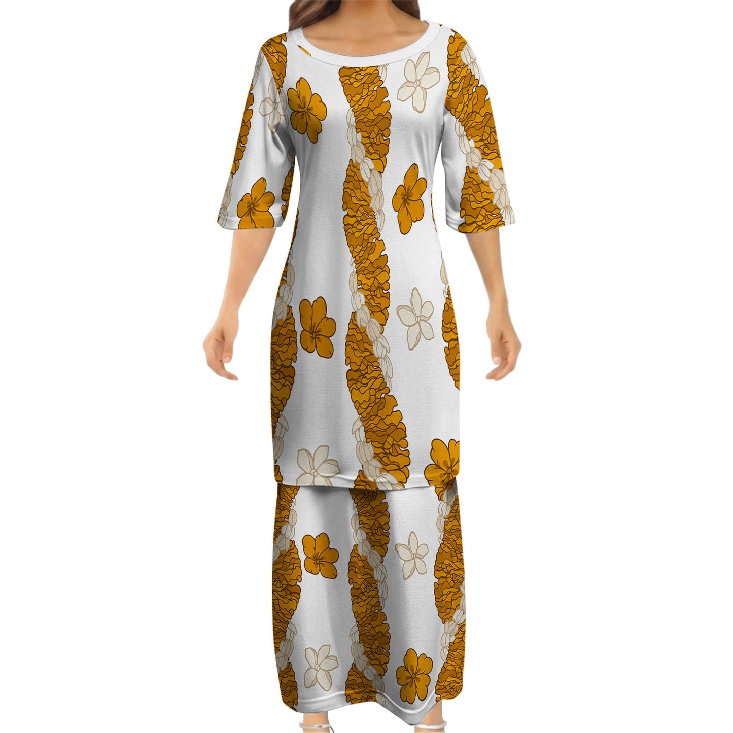 Puakenikeni Pikake Lei Curve Lei Flower Matching Outfit For Couple Polynesian White Puletasi Dress And Shirt