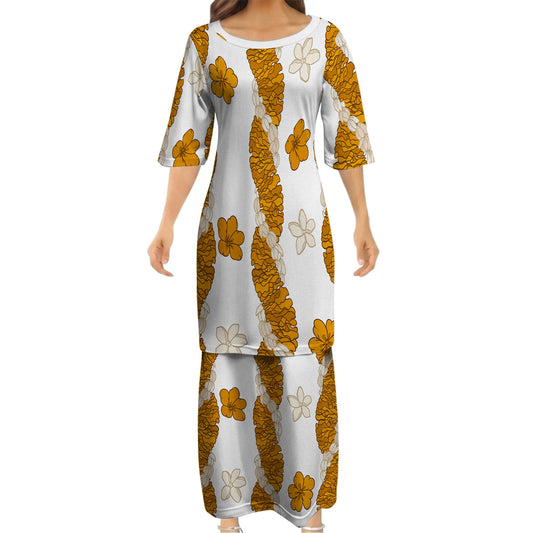 Puakenikeni Pikake Lei Curve Lei Flower Matching Outfit For Couple Polynesian White Puletasi Dress And Shirt