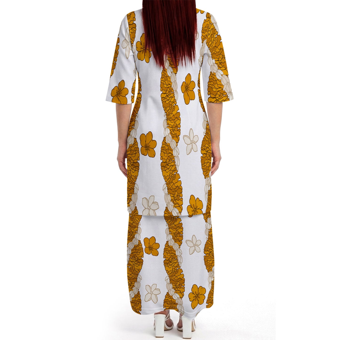 Puakenikeni Pikake Lei Curve Lei Flower Matching Outfit For Couple Polynesian White Puletasi Dress And Shirt