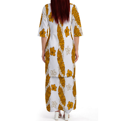 Puakenikeni Pikake Lei Curve Lei Flower Matching Outfit For Couple Polynesian White Puletasi Dress And Shirt