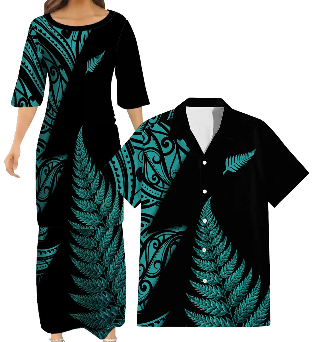 New Zealand Matching Outfit For Couple Silver Puletasi Dress And Hawaiian Shirt For Her Him