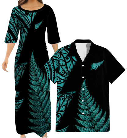 New Zealand Matching Outfit For Couple Silver Puletasi Dress And Hawaiian Shirt For Her Him