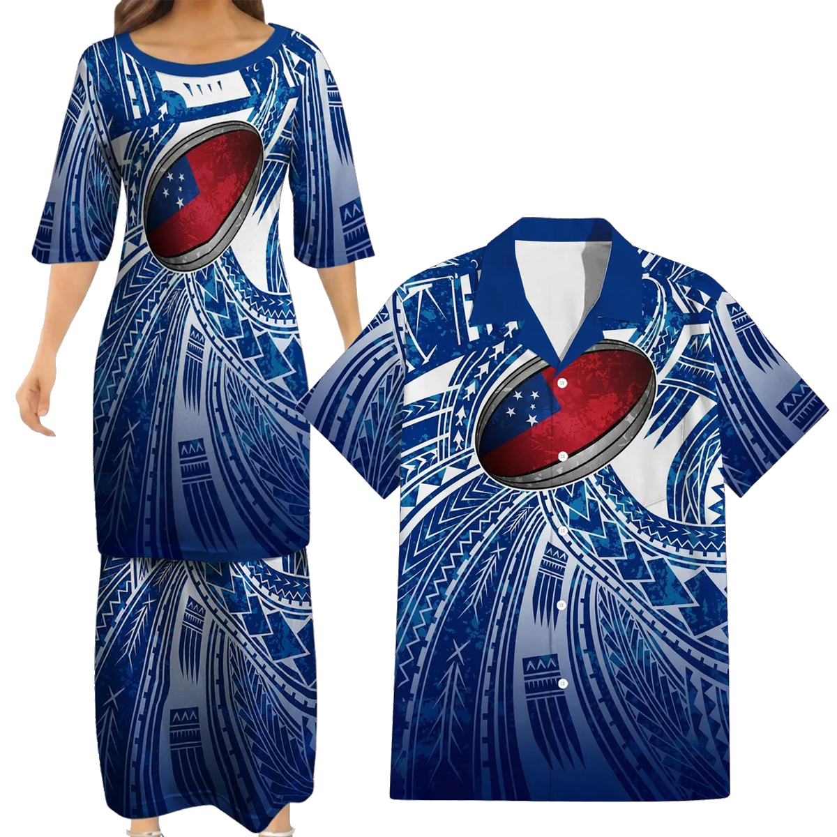 Samoa Rugby Matching Polynesian Tribal Pattern Blue Dress And Hawaiian Shirt For Him Her