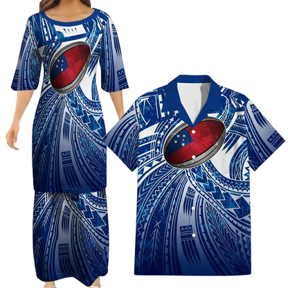Samoa Rugby Matching Polynesian Tribal Pattern Blue Dress And Hawaiian Shirt For Him Her