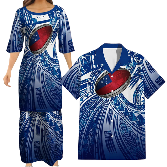 Samoa Rugby Matching Polynesian Tribal Pattern Blue Dress And Hawaiian Shirt For Him Her