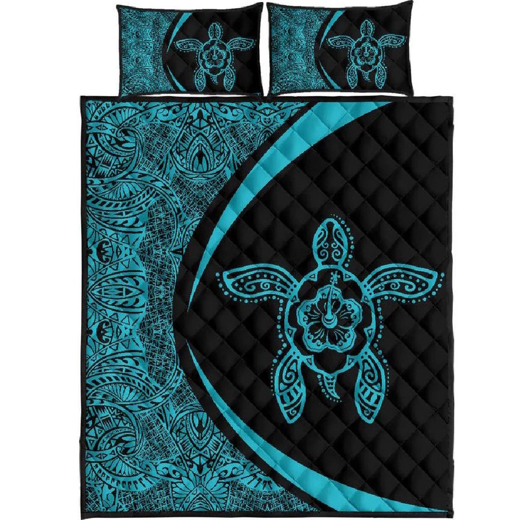 Hawaiian Polynesian Turtle Quilt Bed Set Circle Style Blue