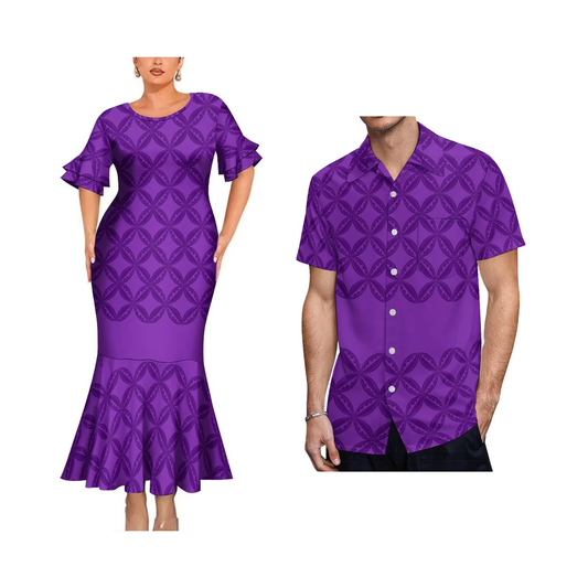 Polynesian Geometric Pattern Purple Matching Outfit For Couple Bodycon Mermaid Dress and Shirt