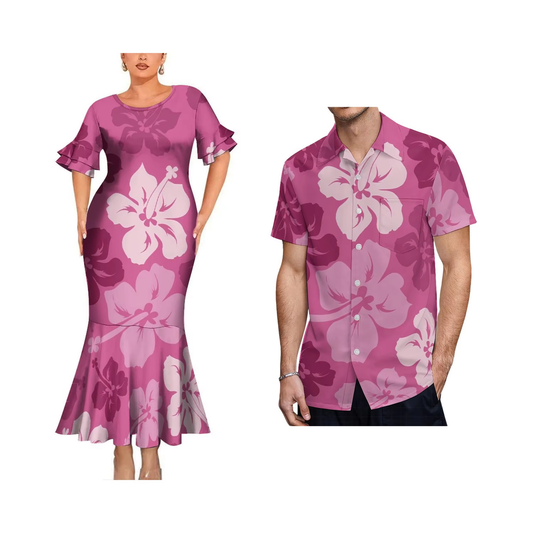 Polynesian Pink Flowers Pattern Couple Matching Outfit Women Crew Neck Mermaid Dress and Shirt