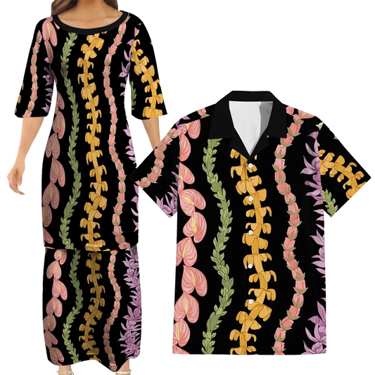 Puakenikeni Pikake Lei Flower Matching Outfit For Couple Black Puletasi Dress And Shirt For Her Him