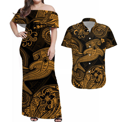 Hawaii Hammer Shark Polynesian Combo Dress and Hawaiian Shirt Matching Couples Outfit Unique Style Gold