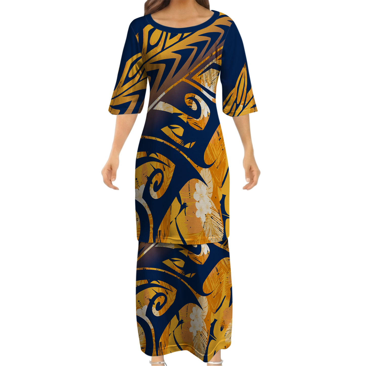Vintage Polynesian Tribal Pattern Blue Couple Outfit Matching Island Dress And Hawaiian Shirt For Her Him