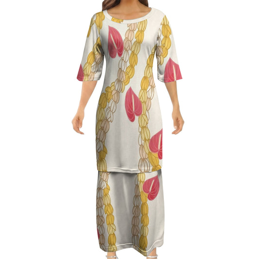 Puakenikeni Pikake Lei Curve Lei Flower Matching Outfit For Couple Island White Puletasi Dress And Shirt