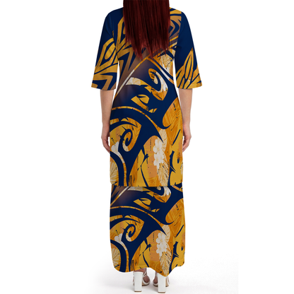 Vintage Polynesian Tribal Pattern Blue Couple Outfit Matching Island Dress And Hawaiian Shirt For Her Him