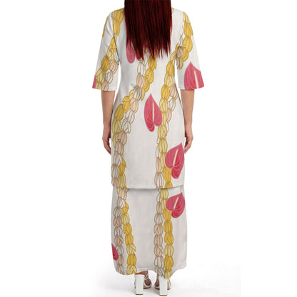 Puakenikeni Pikake Lei Curve Lei Flower Matching Outfit For Couple Island White Puletasi Dress And Shirt
