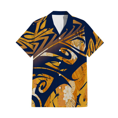 Vintage Polynesian Tribal Pattern Blue Couple Outfit Matching Island Dress And Hawaiian Shirt For Her Him