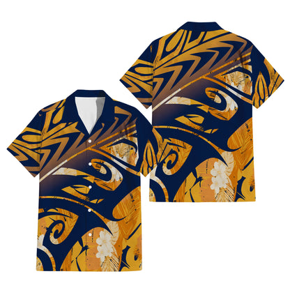 Vintage Polynesian Tribal Pattern Blue Couple Outfit Matching Island Dress And Hawaiian Shirt For Her Him