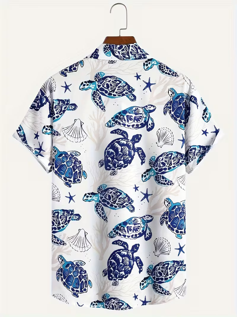 Turtle Ocean-Themed Pattern Hawaiian Shirt Tropical Beach Short Sleeve Button Printed Shirt For Him