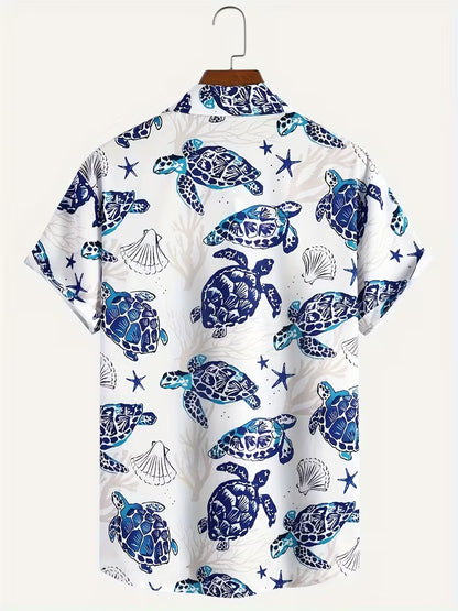 Turtle Ocean-Themed Pattern Hawaiian Shirt Tropical Beach Short Sleeve Button Printed Shirt For Him
