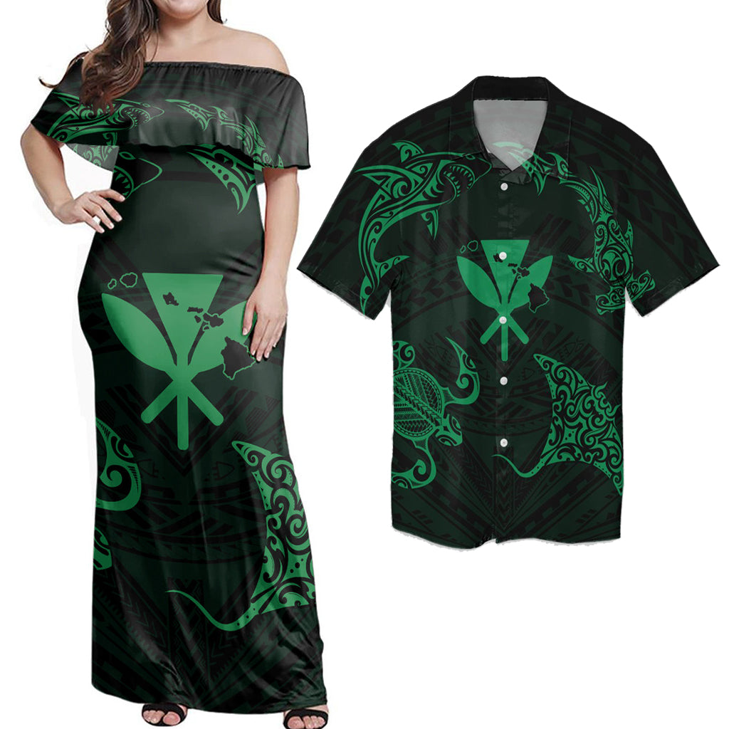 Hawaii Couple Outfits Polynesian Turtle Hammerhead Shark Ray Kanaka Hawaii Circle Green