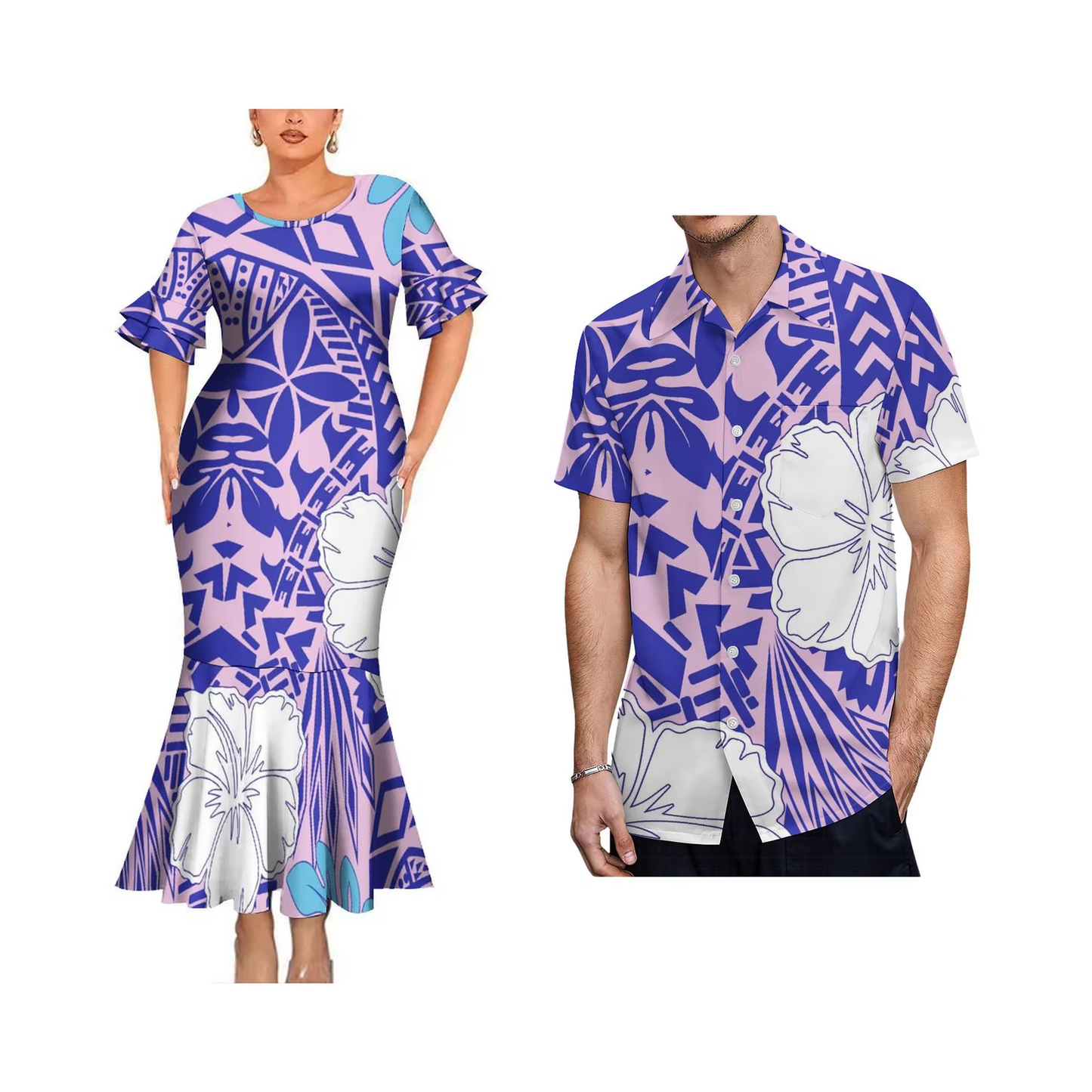 Flowers Polynesian Tribal Pattern Purple Matching Outfit For Couple Bodycon Mermaid Dress and Shirt