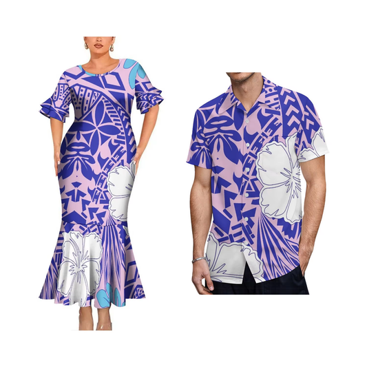 Flowers Polynesian Tribal Pattern Purple Matching Outfit For Couple Bodycon Mermaid Dress and Shirt
