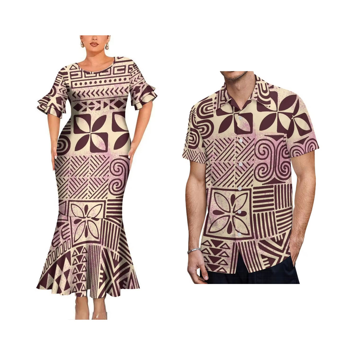 Polynesian Vintage Geometric Pattern Couple Matching Outfit Women Crew Neck Mermaid Dress and Shirt