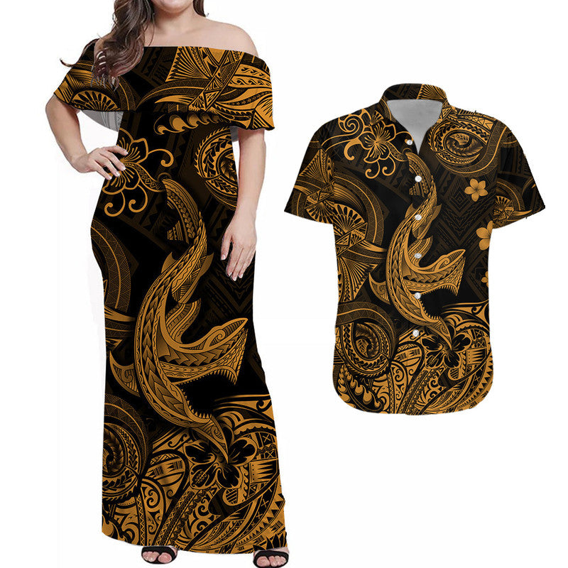 Hawaii Angry Shark Polynesian Combo Dress and Hawaiian Shirt Matching Couples Outfit Unique Style Gold