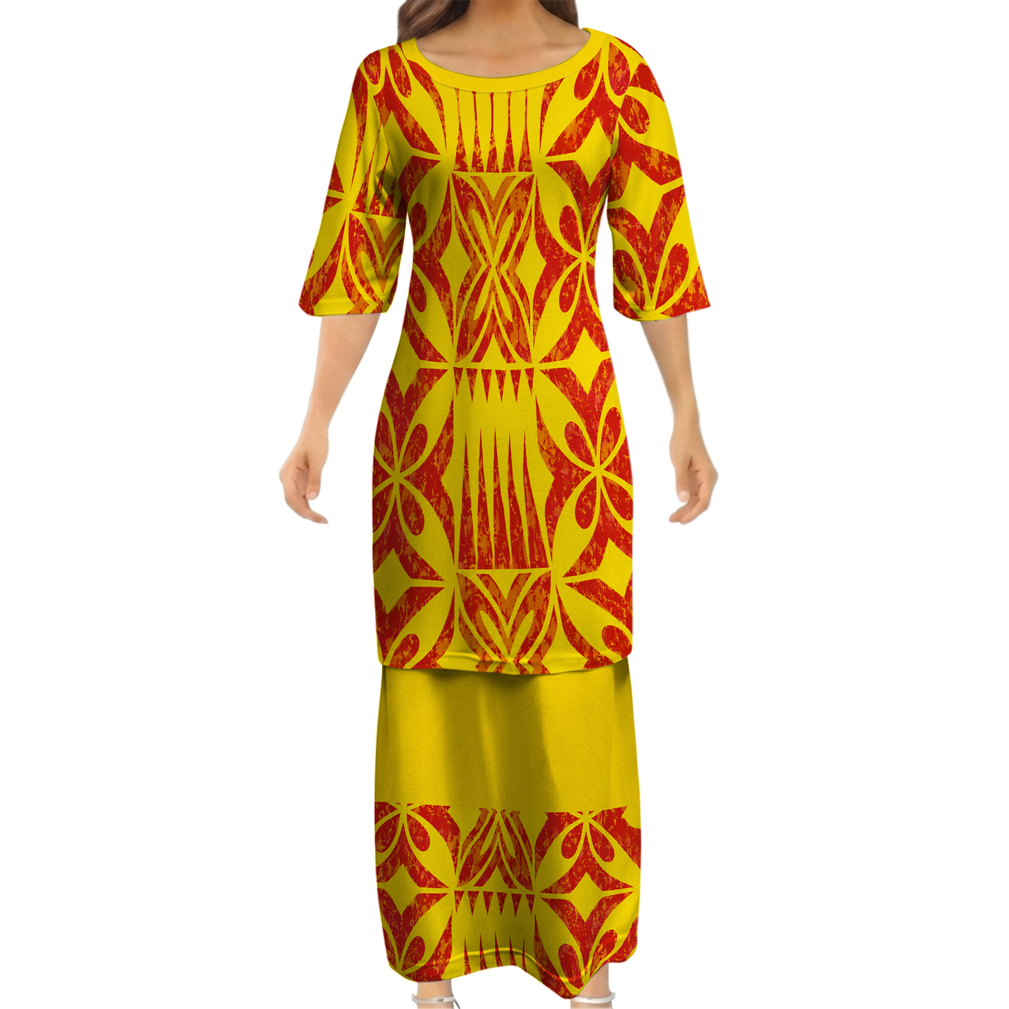 Vintage Polynesian Tribal Pattern Yellow Couple Outfit Matching Island Dress And Hawaiian Shirt For Her Him