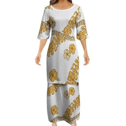 Puakenikeni Pikake Lei Curve Lei Yellow Flower Matching Outfit For Couple Island White Puletasi Dress And Shirt