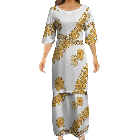 Puakenikeni Pikake Lei Curve Lei Yellow Flower Matching Outfit For Couple Island White Puletasi Dress And Shirt