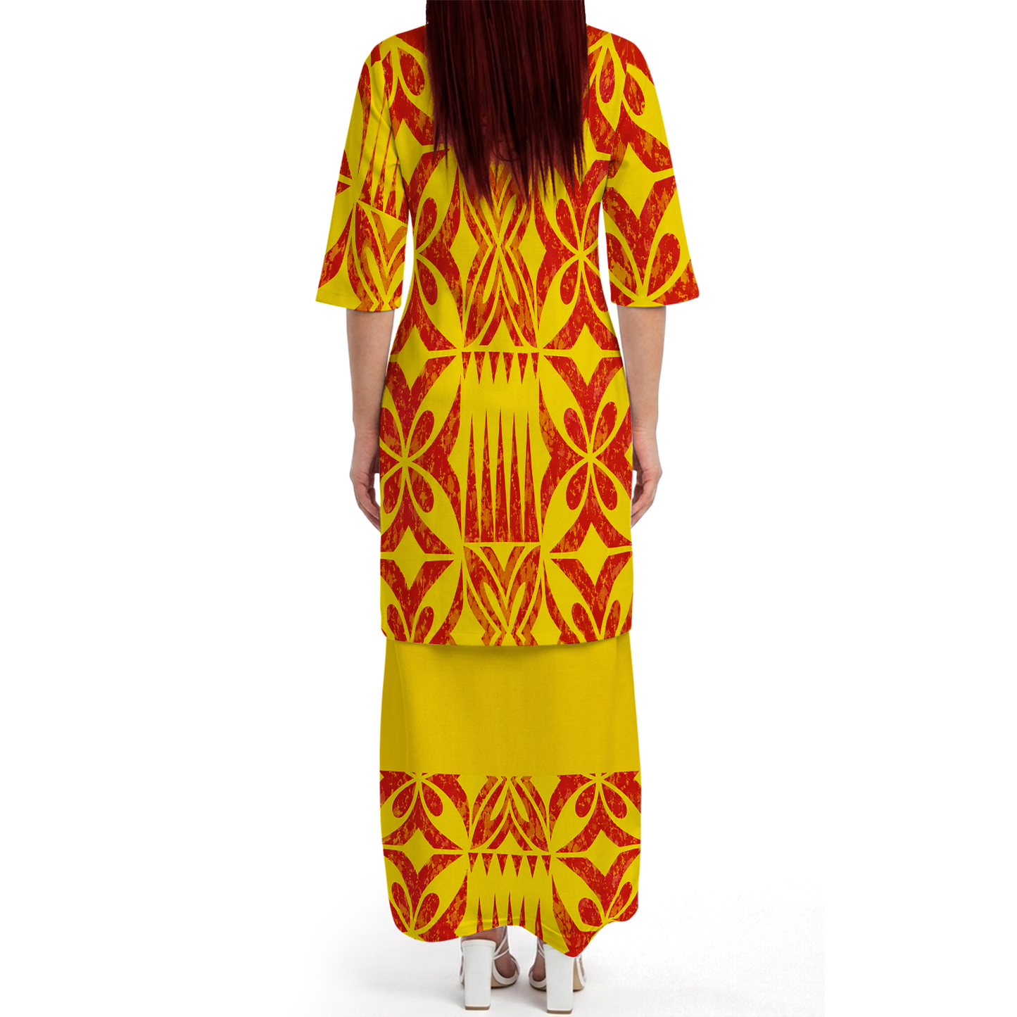 Vintage Polynesian Tribal Pattern Yellow Couple Outfit Matching Island Dress And Hawaiian Shirt For Her Him