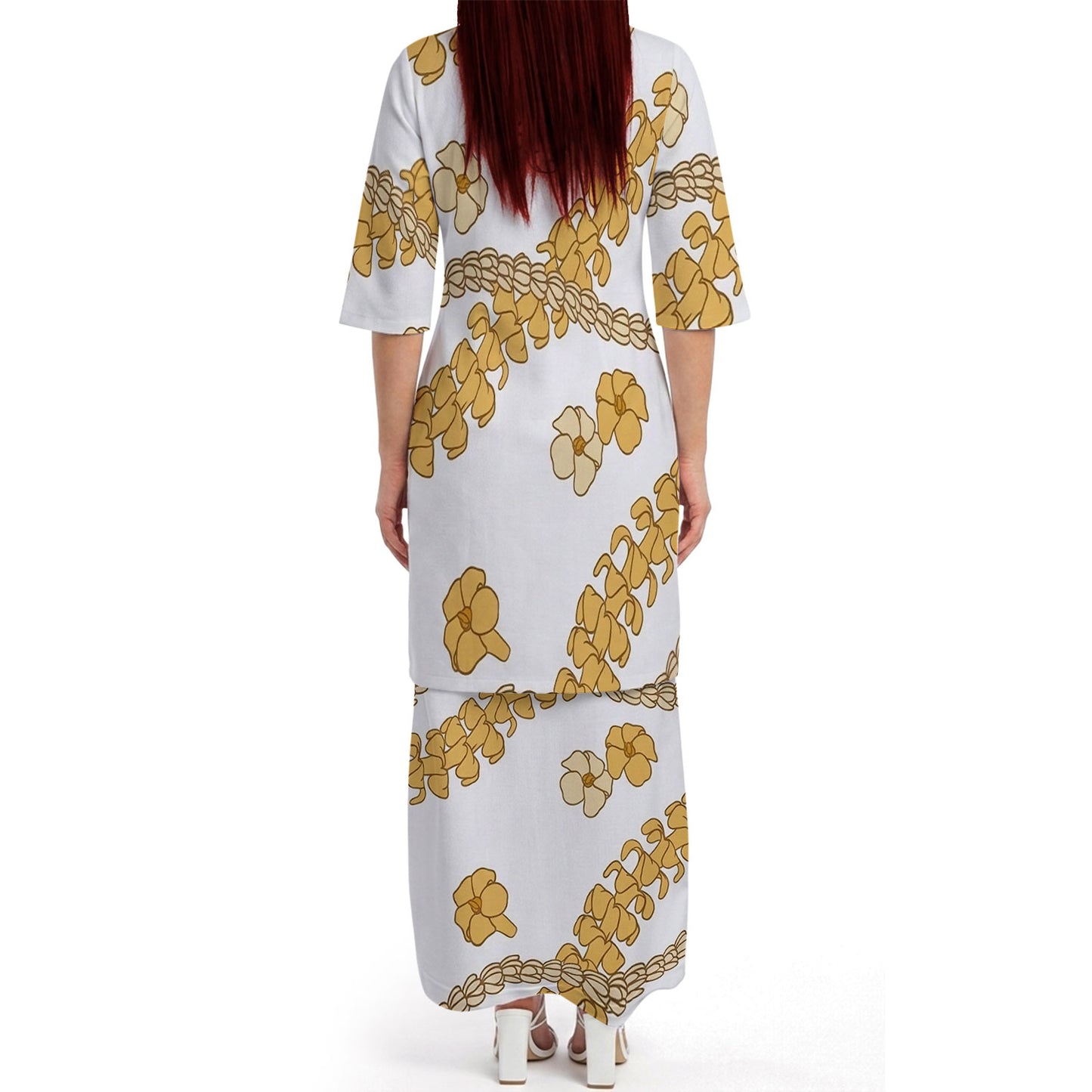 Puakenikeni Pikake Lei Curve Lei Yellow Flower Matching Outfit For Couple Island White Puletasi Dress And Shirt